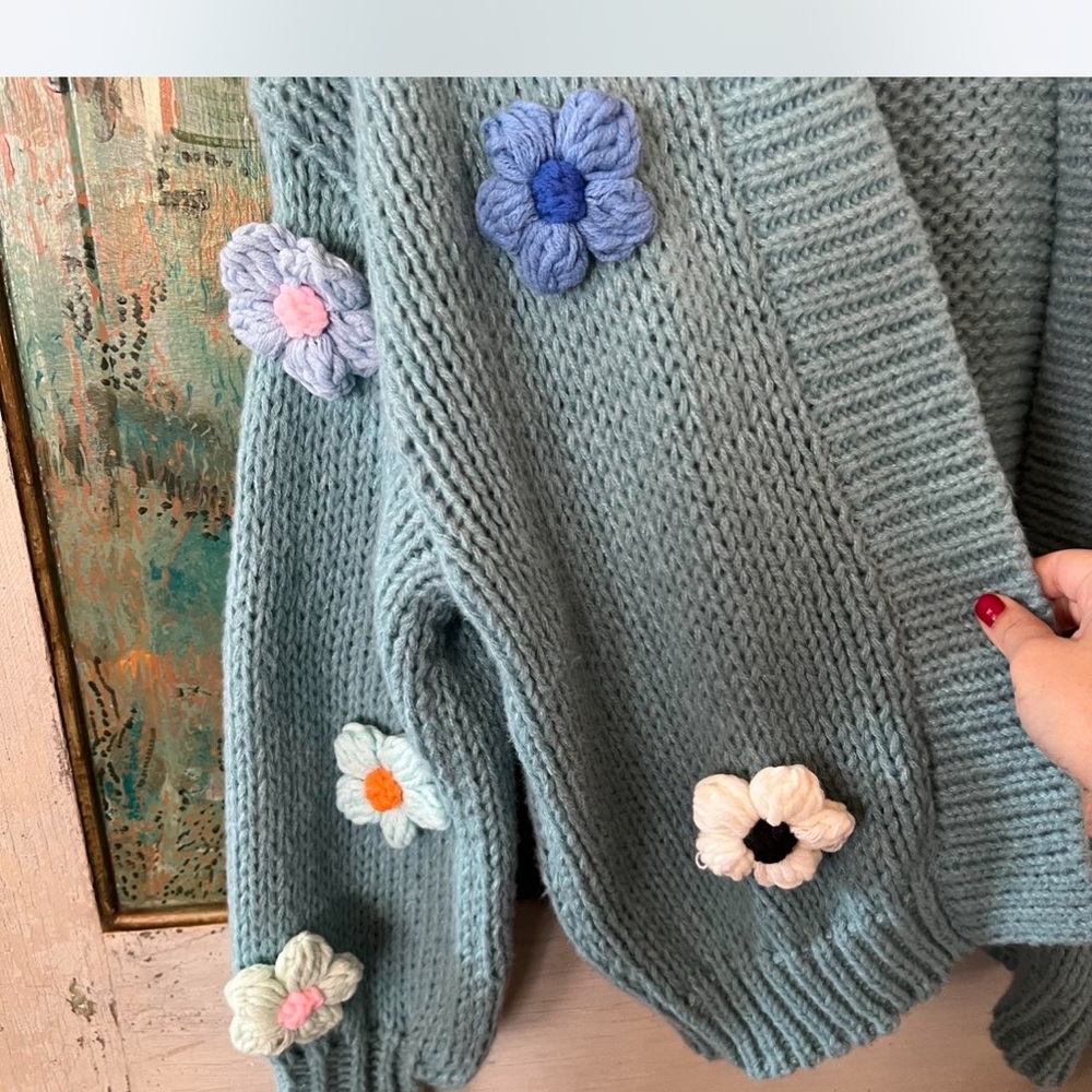 Anthropologie Duchamp Blue Cardigan with Floral Accents - Picture 3 of 5